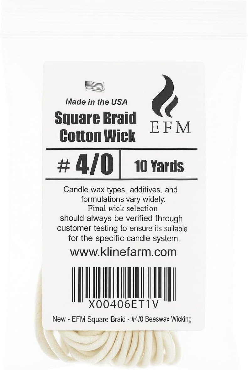 EFM Square Braid Cotton Candle Wick - #4/0 Wicking – Unwaxed, Raw Wick for Beeswax Candle Making - for Small Thin Candles
