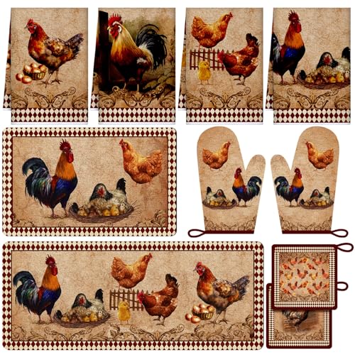 Fourluoo 10 Pcs Rooster Chicken Kitchen Dish Towels Rugs Oven Mitts and Pot Holders Sets Farmhouse Rustic Rooster Kitchen Decor Set for Cooking Baking Grilling Women Mom Daughter Gift(Brown)
