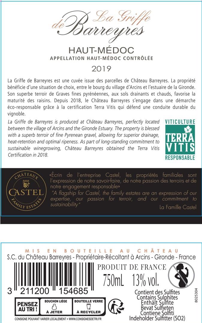 Coffret Cadeau Caisse Bois - La Griffe de Barreyres - AOP Haut Médoc - Vin Rouge - 75cl