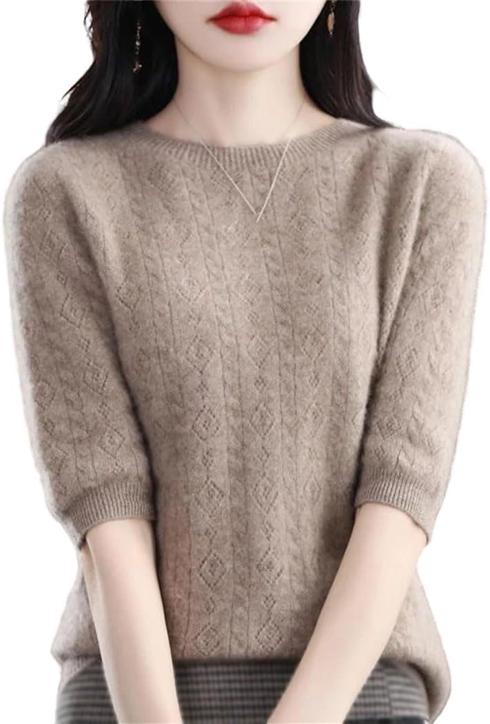 Women's Half Sleeve Crewneck Sweater Cropped Sleeve Hollow Solid Color Casual Blouse Lightweight Summer Knit Top