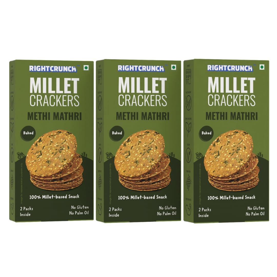 Rightcrunch Millet Crackers - Baked Snack, No Maida, No Palm Oil, Gluten-Free, No Artificial Flavours or Preservatives Pack of 3 – 300g (Pack of 3, Mehti Mathri)