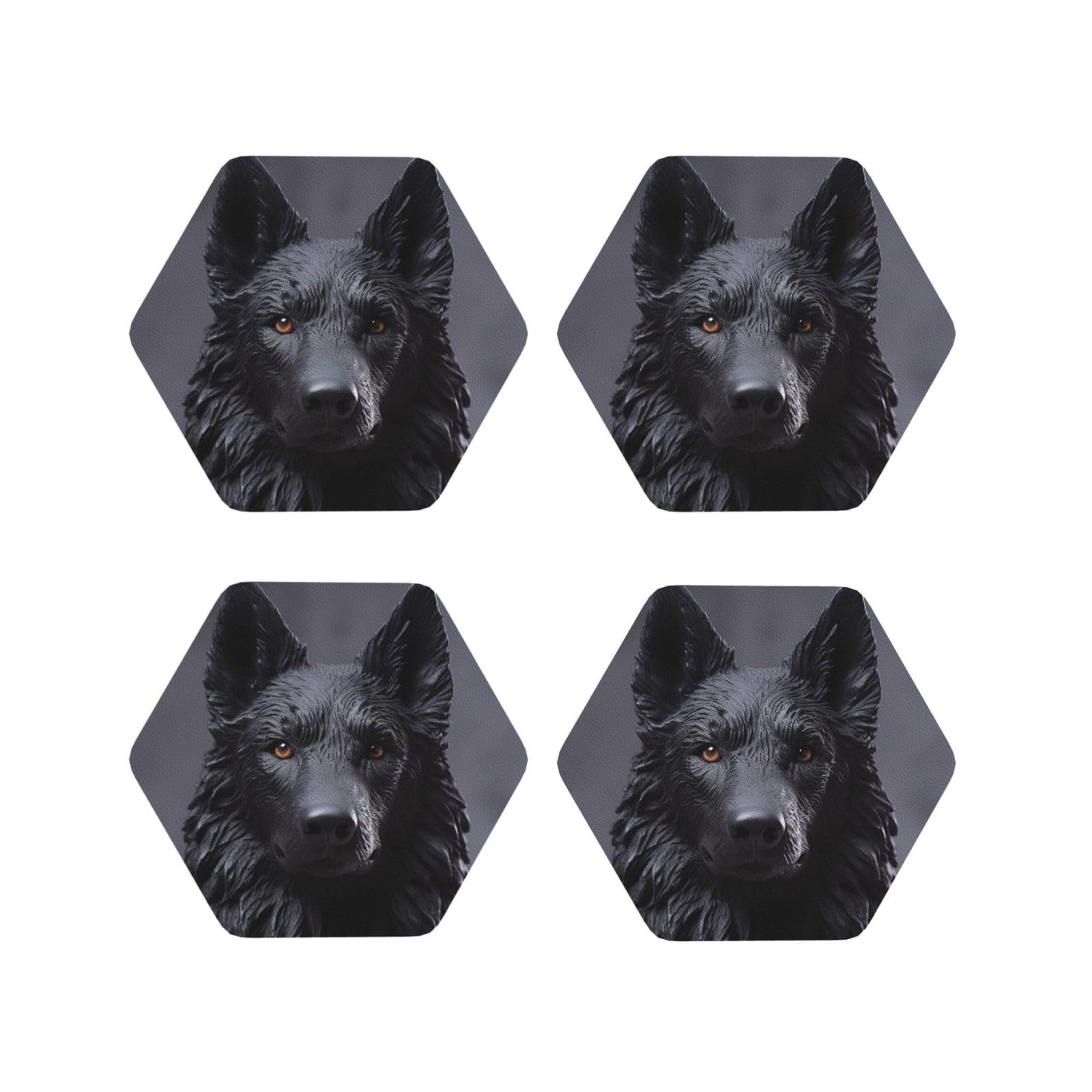4Pcs PU Leather Coaster for Drinks, Black German Shepherd Cup Coastersr 4" Cup Mat Pad, Aesthetic Drink Coasters for Coffee Table, Hexagon Coaster for Tabletop Protection
