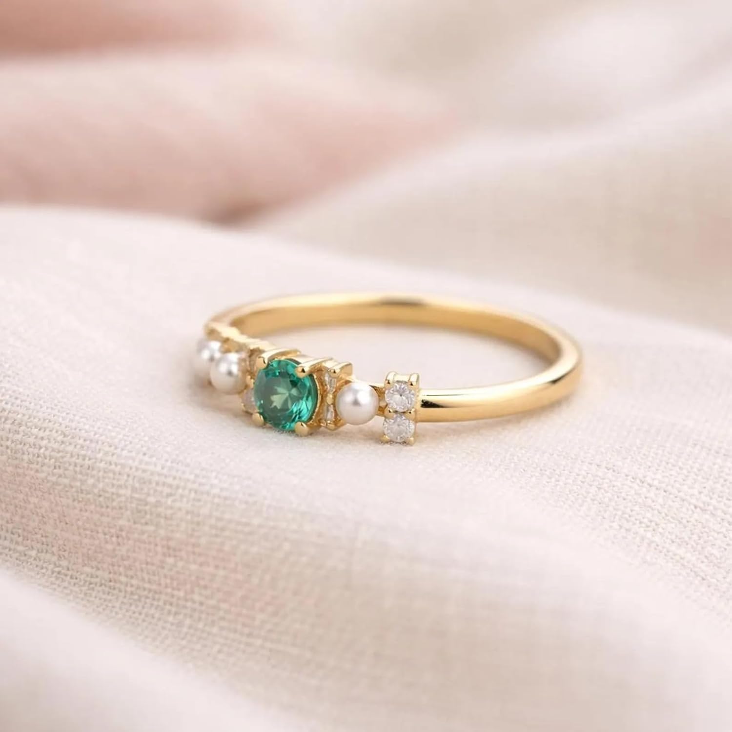 Round Cut Emarald & Pearl Promise Culster Ring For Woman Solid Yellow Gold Side CZ Daimond Wedding & Engagement Jewelry Gift For Her