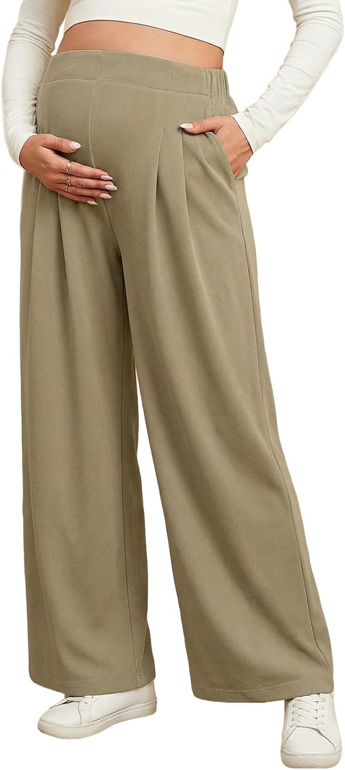 BLENCOT Women Maternity Pants Work Stretchy Wide Leg Trousers Baggy Pregnancy Joggers with Pockets