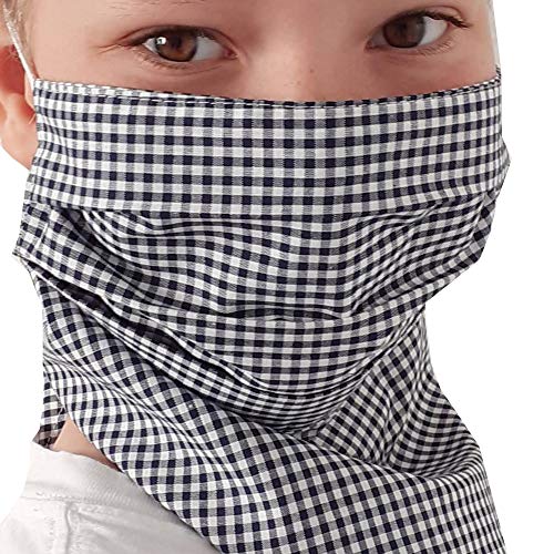 Preisvergleich Produktbild Mundschutz Schal, Maske, Gesichtsmaske, Multifunktionstuch, Halstuch für Frauen genäht in Deutschland / mit Gummiband, rutscht nicht / zweilagig, atmungsaktiv Baumwolle waschbar 60°C / Karo dunkelblau
