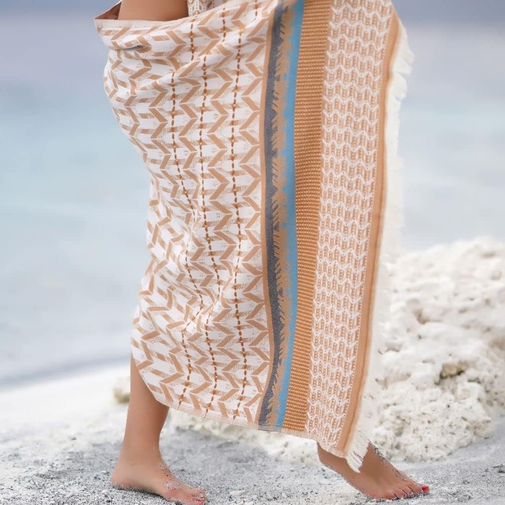 BAGNO MILANO Beach Towels Organic Turkish Cotton Soft, Quick Dry Oversized Turkish Towel Throw Blanket for Beach, Yoga, Spa, Pool (Myra Caramel, Beach Towel)