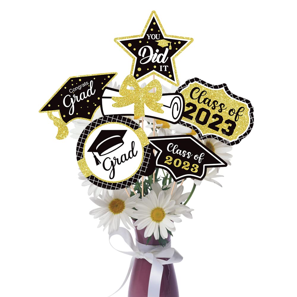 Graduation Party Decorations 2022, 6 Pcs Black and Gold Graduation Centerpiece Sticks - Class of 2022 Party Supplies Table Toppers