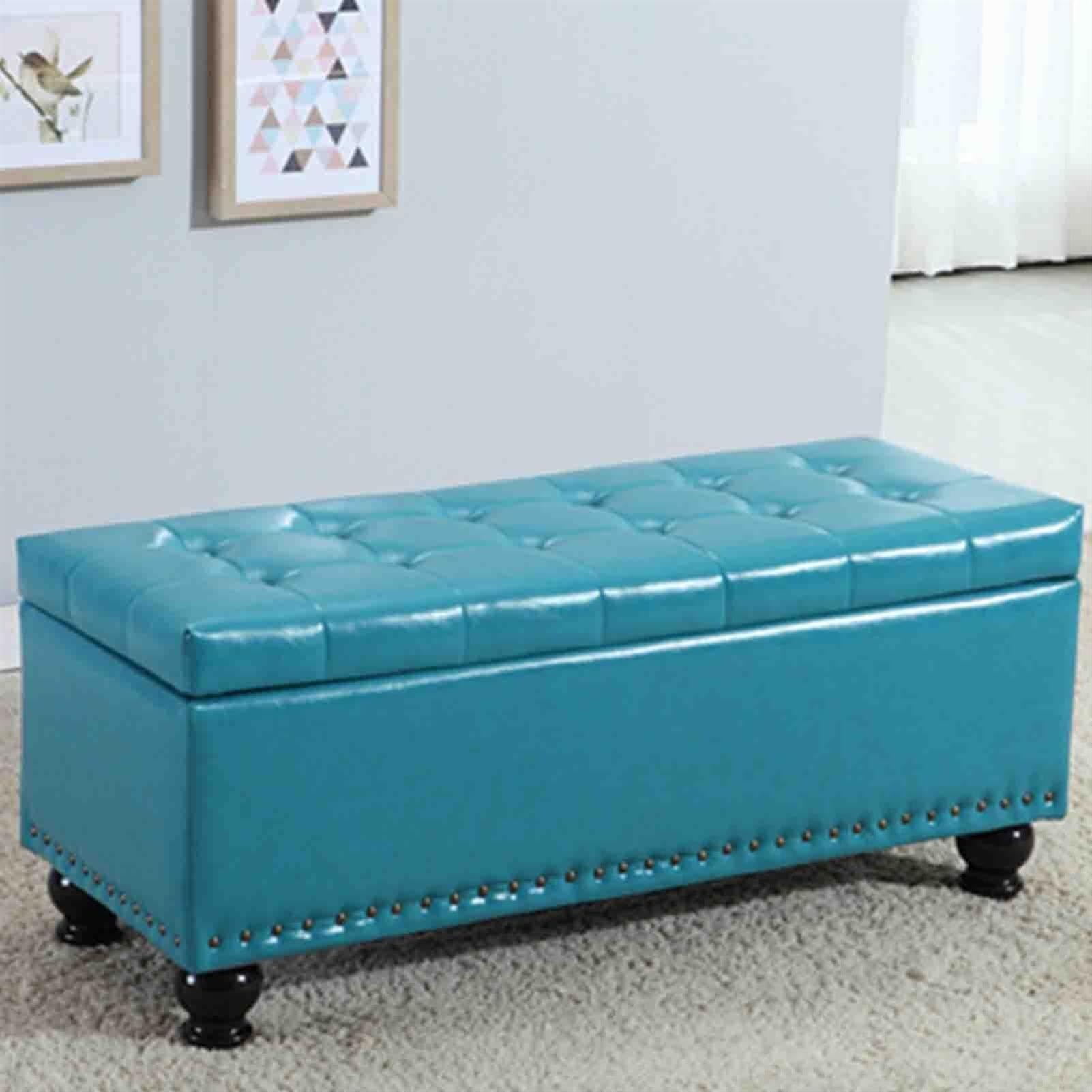 Pouf de rangement cyan 100x40x42 cm en similicuir premium | Banc de lit sophistiqué
