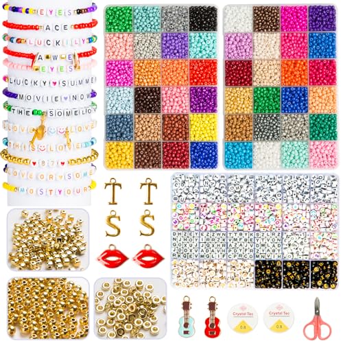Goldwise Friendship Bracelet Kit 3 Boxes-8706 Pcs 48 Colors Bracelet Making Kits with Glass Seed 5 Styles Letter and Number Beads with Charms Gift Party