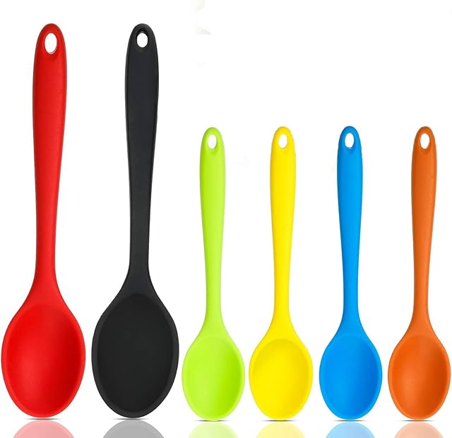 6 Pieces Silicone Mixing Spoons Heat Resistant Silicone Basting Spoon Set Nonstick Kitchen Baking Spoons for Kitchen Cooking Stirring, Large and Small (6 Silicone Mixing Spoons)
