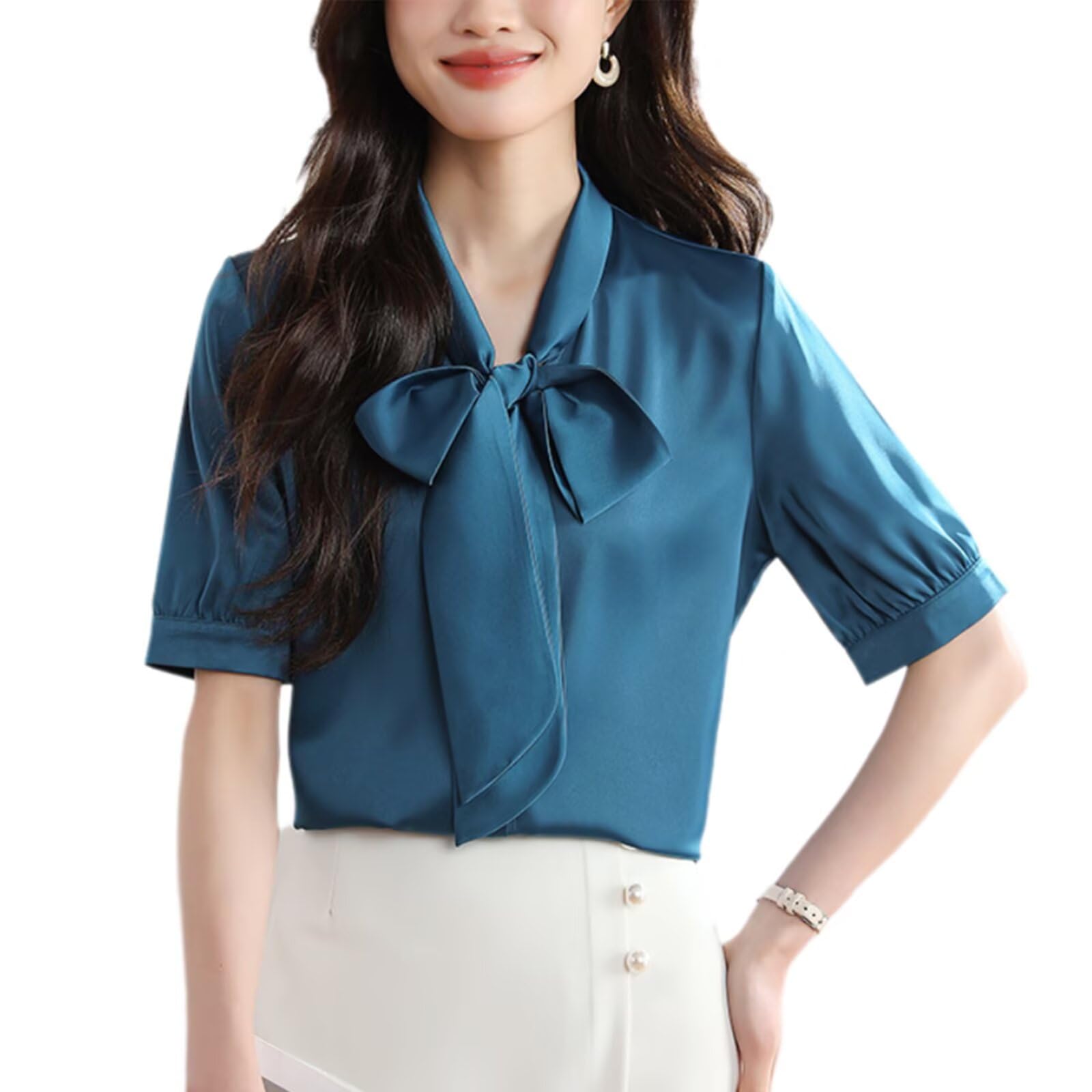 HNVAVQ Camicia Seta Donna con Fiocco Blusa Elegante Maniche Corte per Ufficio Lavoro