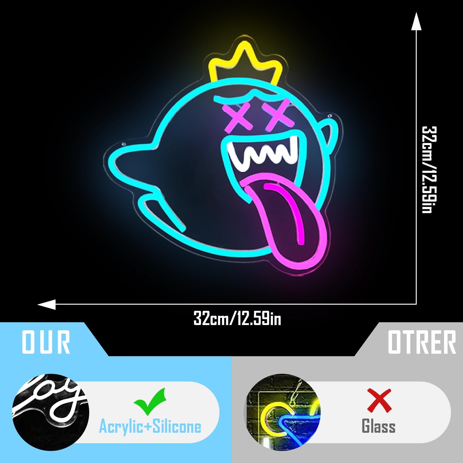 King Boo Neon Sign Dimmable Ghost Face Neon Light for Wall Decor Gamer Light Up Sign King Boo Neon Light for Bedroom Gaming Room Window Led Ice Blue Light Up Sign for Christmas Birthday Gifts Decoration - Image 6