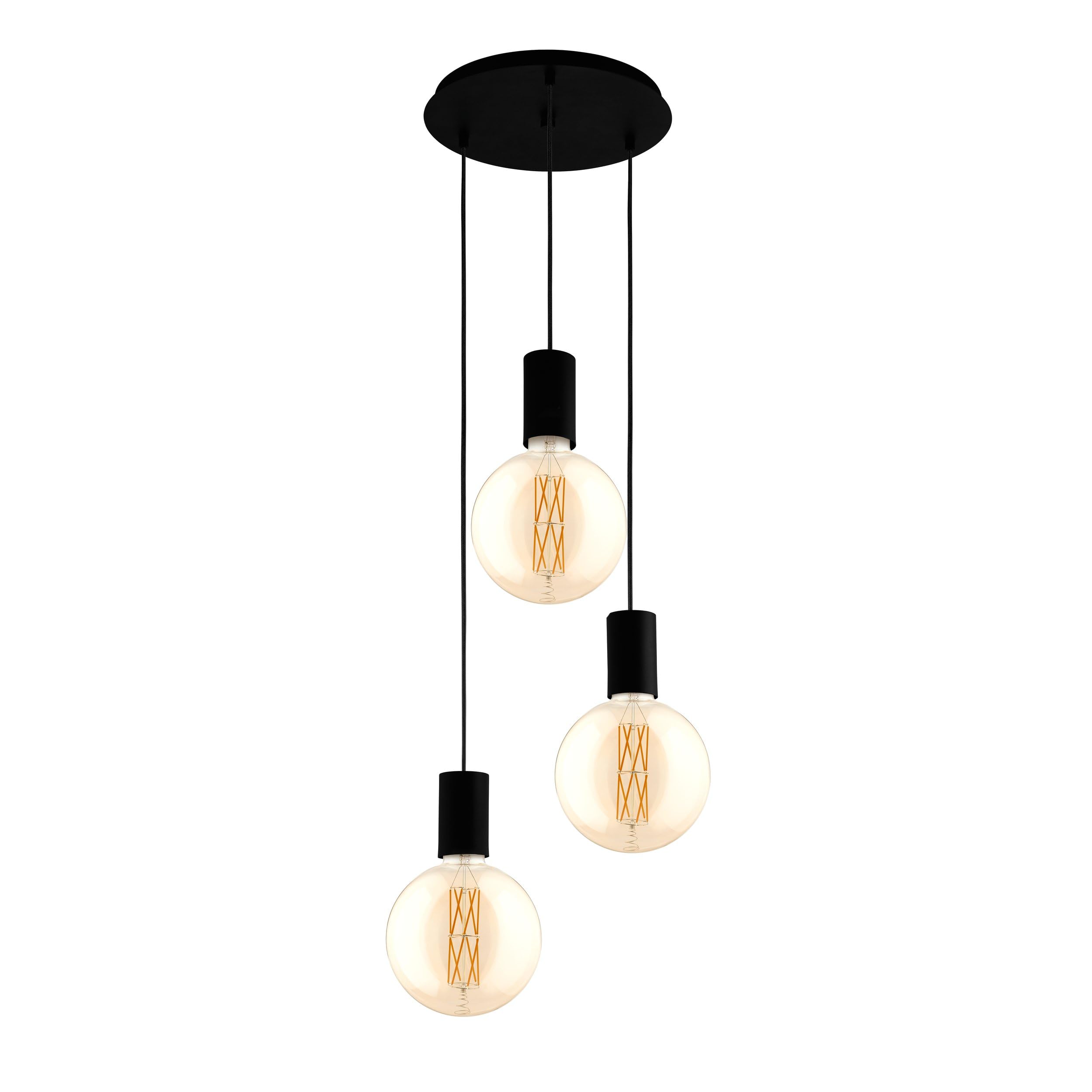 EGLO Pendelleuchte Pozueta, 3 flammige Hängelampe Vintage, Industrial, Hängeleuchte aus Stahl in Schwarz, Esstischlampe, Wohnzimmerlampe hängend mit E27 Fassung, Ø 34 cm