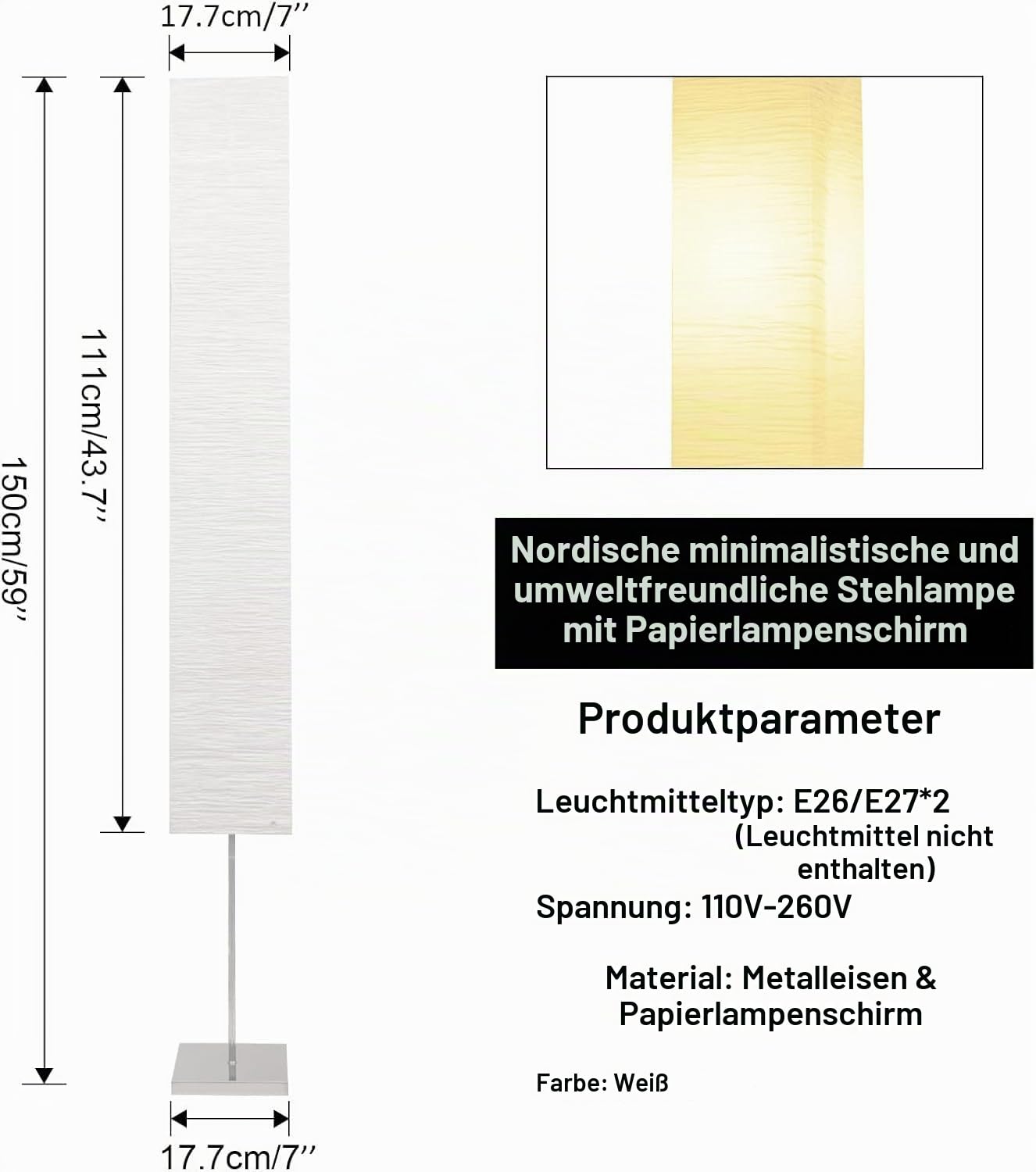Papier Stehlampe, japanische Stehlampe mit Reis-Papier-Lampenschirm für Schlafzimmer, Büro und Wohnzimmer - Beige (Square 2 Pack)