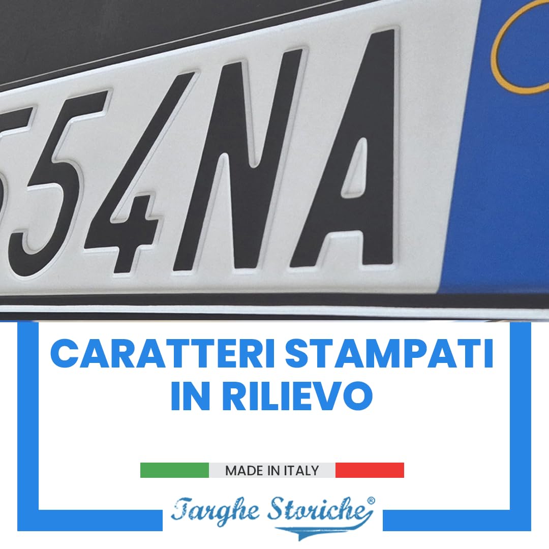 Targa Decorativa - Formato Modello Posteriore - in Alluminio Catarifrangente con Lettere e Numeri in Rilievo Punzonati, Personalizzabile, Made in Italy
