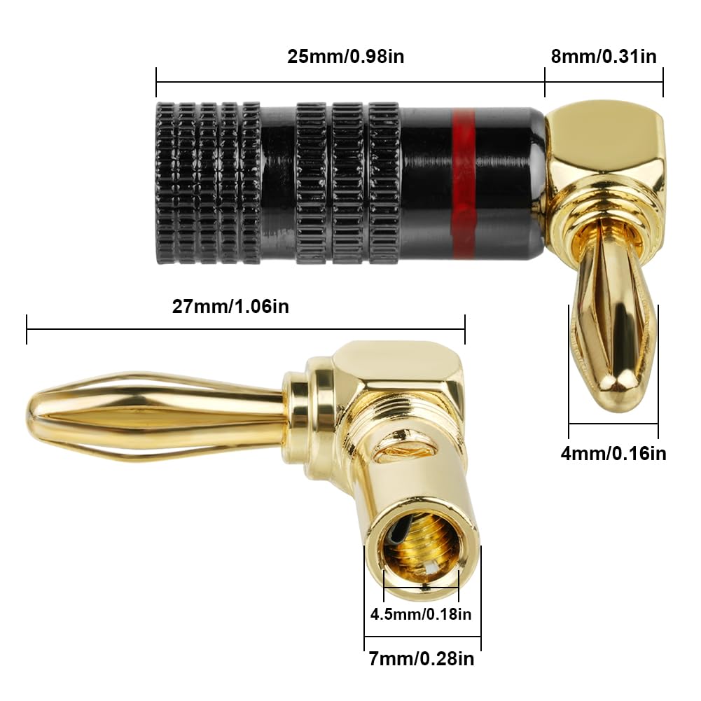 Aolso 24 caratsFiche Banane, 4 Pièces 90 degrés de haut-parleur, connecteur de haut-parleur 4,5 mm, Banane Connecteur pour Haut-Parleur, Amplificateur, Speaker Cable, récepteur stéréo