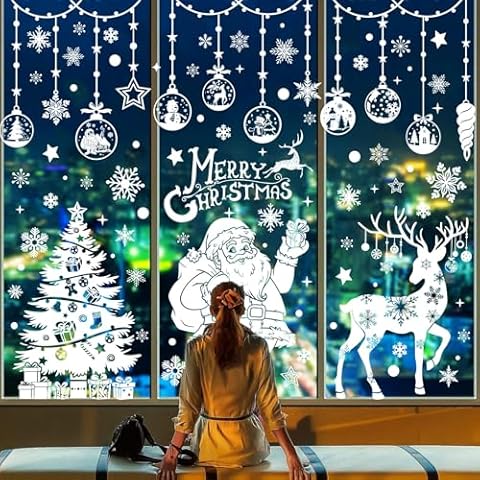Jyanl Christmas Window Clings Cute Large Christmas Window Decorations Santa Claus Christmas Tree Decoration Snowflake Reindeer Xmas Stickers Door Christmas Decor Reusable Wall Decal Sticker Holiday Cover
