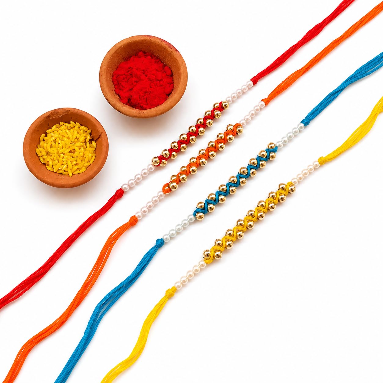 adcom exquisite handmade rakhi set (pack of 4), 2 dibiya for roli, chawal for raksha bandhan bhaiya rakhi with meaningful greeting card for brother