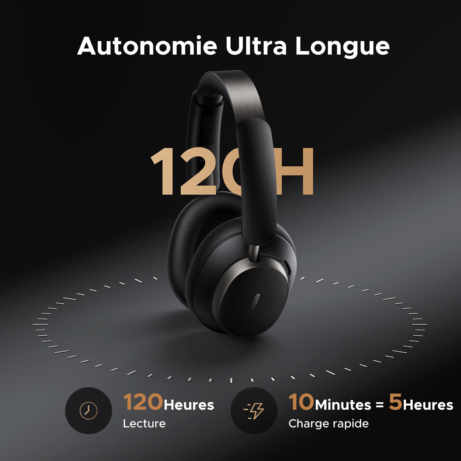 UGREEN Studio Pro Casque Bluetooth sans Fil Sport ANC Réduction Active du Bruit Adaptative 48dB Hi Res Audio LDAC Casque Musique 5 Micros BT 6.0 Audio Spatial Personnalisé 8 EQ App 120H Noir