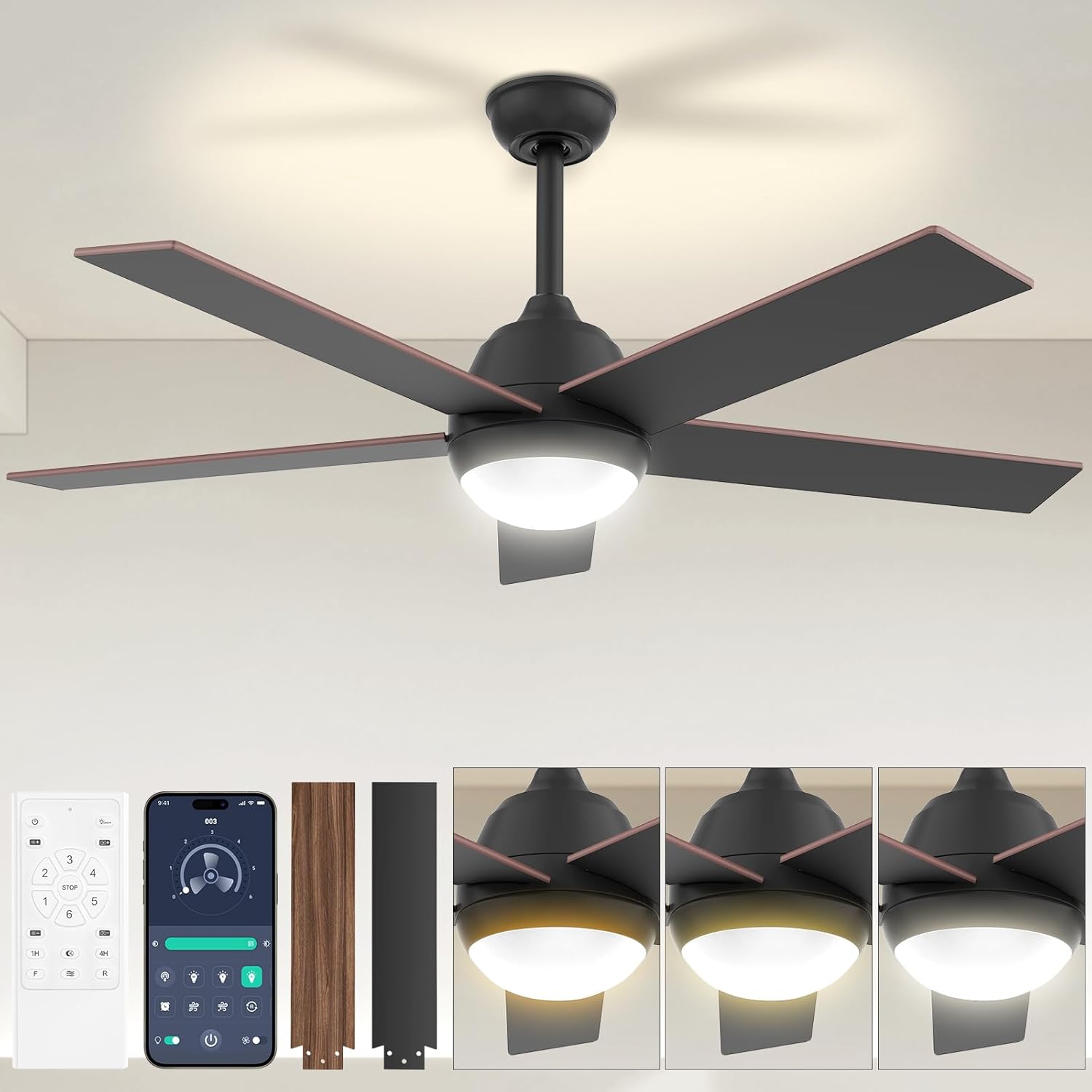 Black Outdoor Ceiling Fan - 52 Inch ceiling fans with lights Remote & APP, 6 Wind Speeds, 3 Color Temperatures, Dimming, Reversible DC Motor for outdoor Patio, farmhouse, bedroom, living room