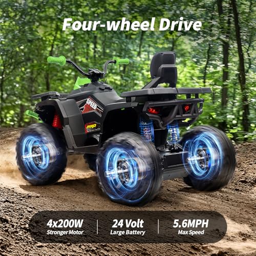 Kids ATV 4 Wheeler, 24V 4WD Electric ATV Ride On Toy for Big Kid with 2-Seater, 4x200W Motor - Green - Image 7