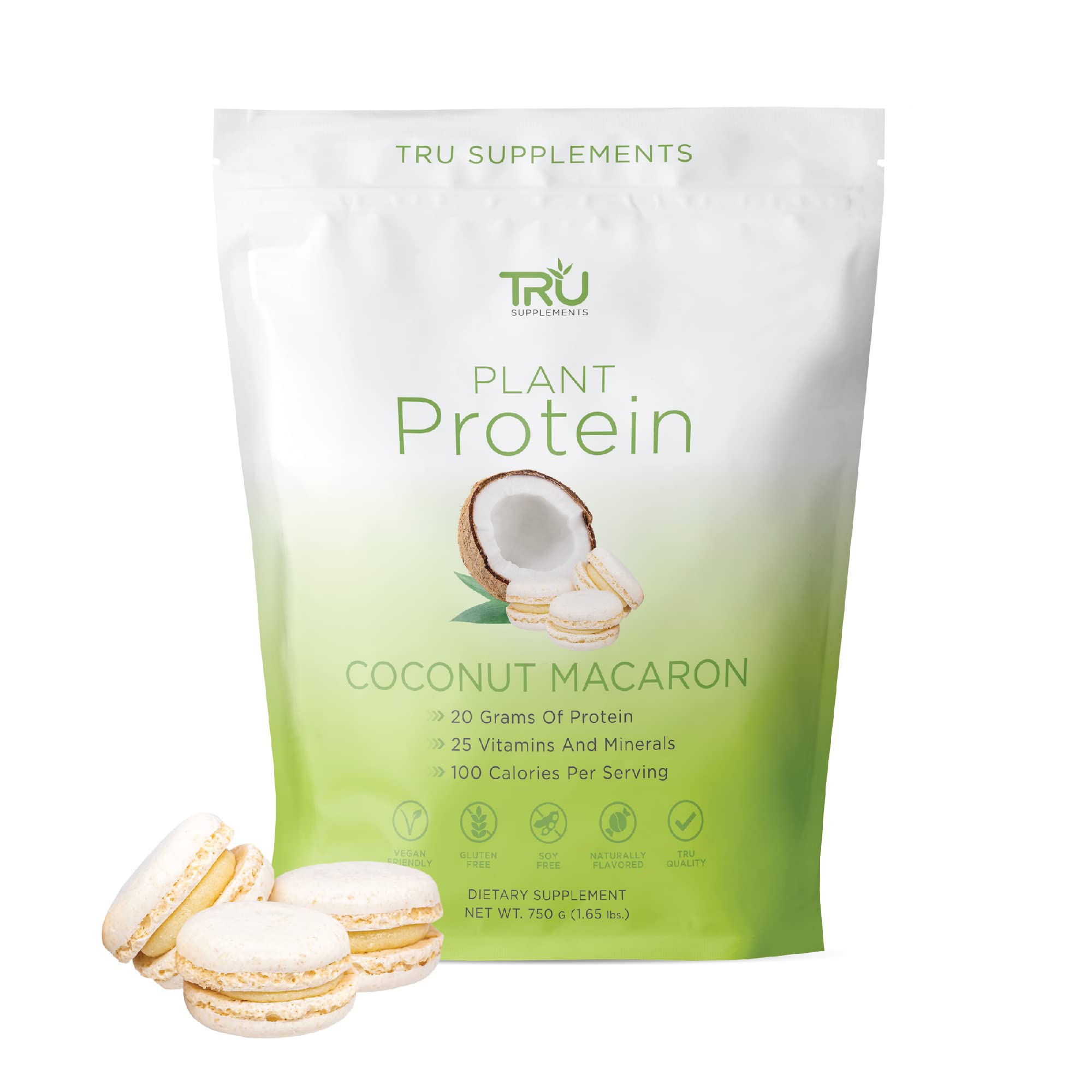 TRU Supplements Plant Based Protein Powder, BCAA, EAA, 20g Vegan Brown Rice & Pea Protein, 100 Calories, 27 Vitamins, No Artificial Flavors 25 Servings (Coconut Macaron)