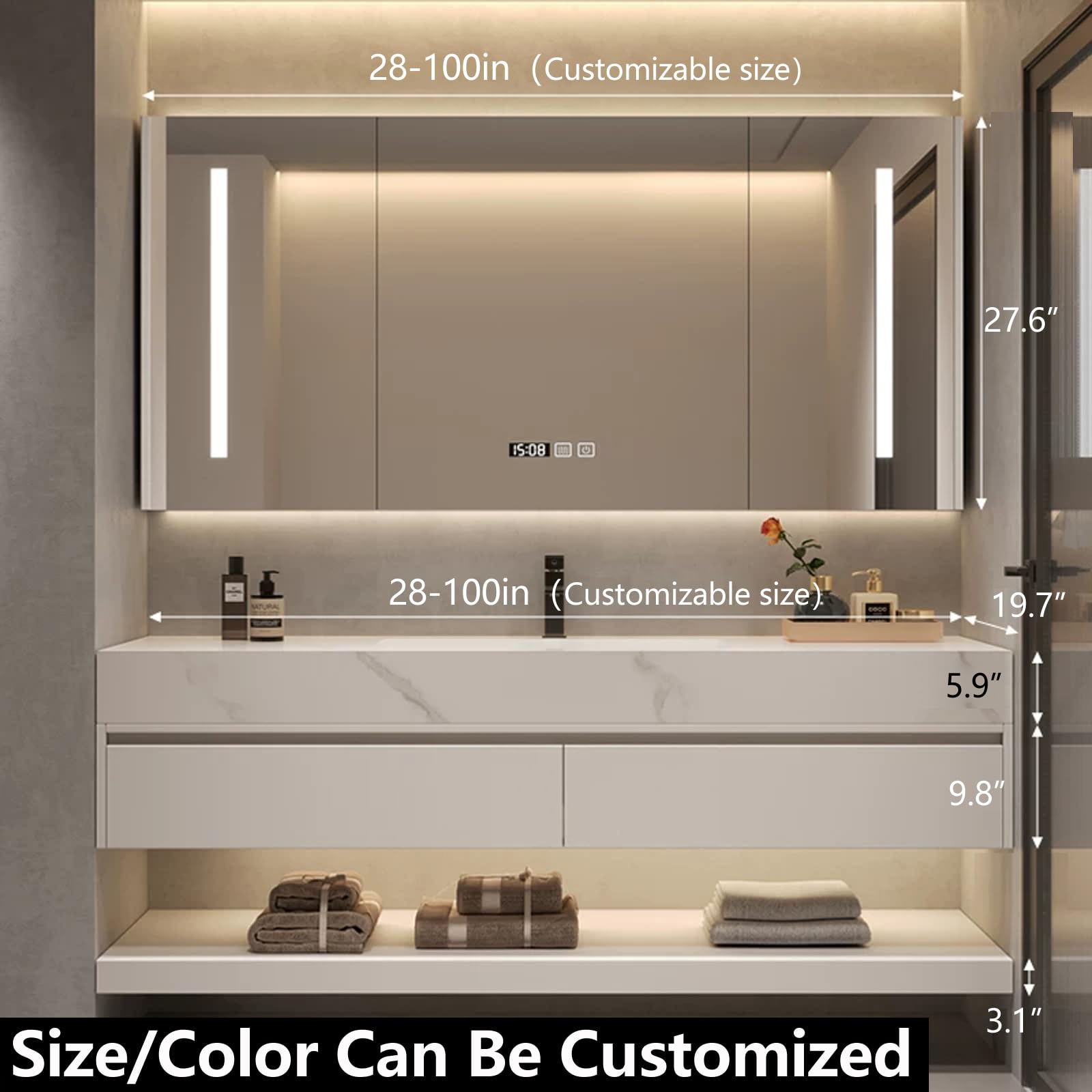 Mueble de baño de 193 cm, lavabo individual con espejo LED inteligente que se desempaña, iluminación LED, visualización de tiempo, fregadero de cerámica, cajones de cierre suave, totalmente premontado