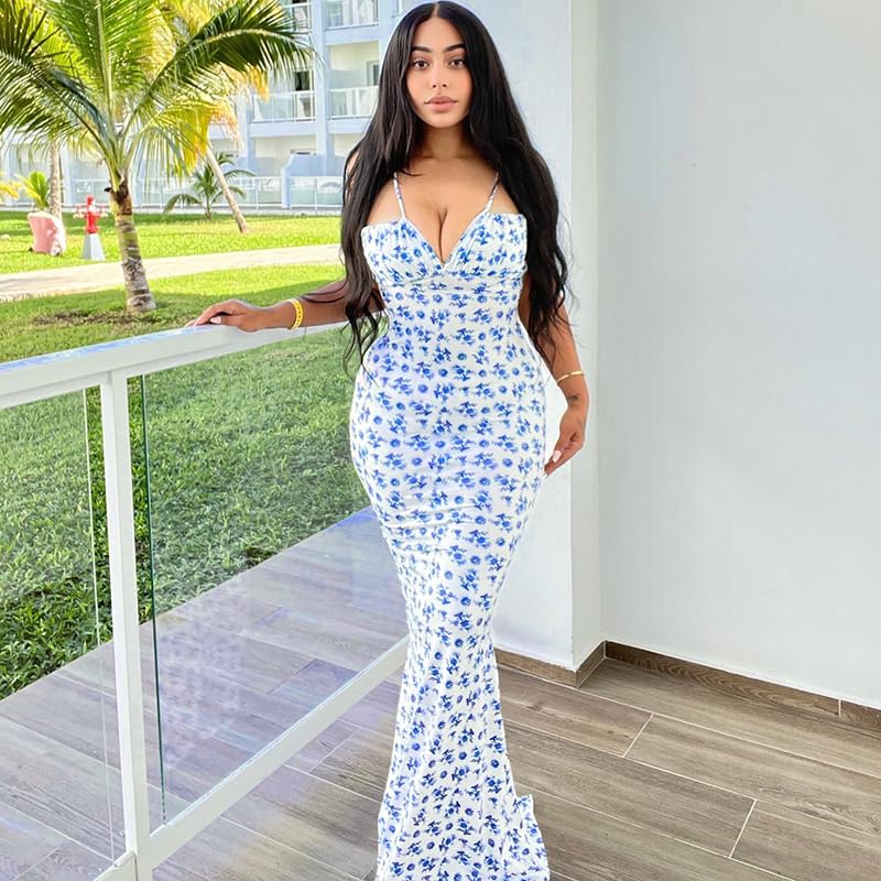Image of Women Floral Printed Spaghetti Strap Maxi Dress Long Dress Backless Tie Shoulder Mermaid Dress