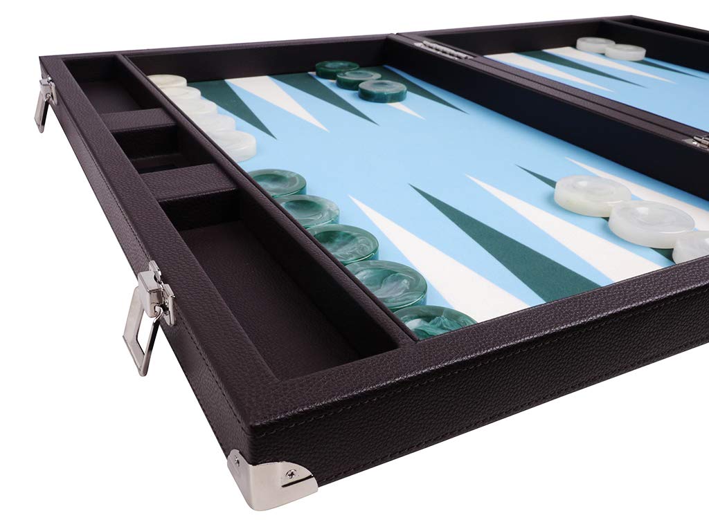 Set Backgammon da torneo da 21", custodia marrone con campo azzurro, edizione Masters