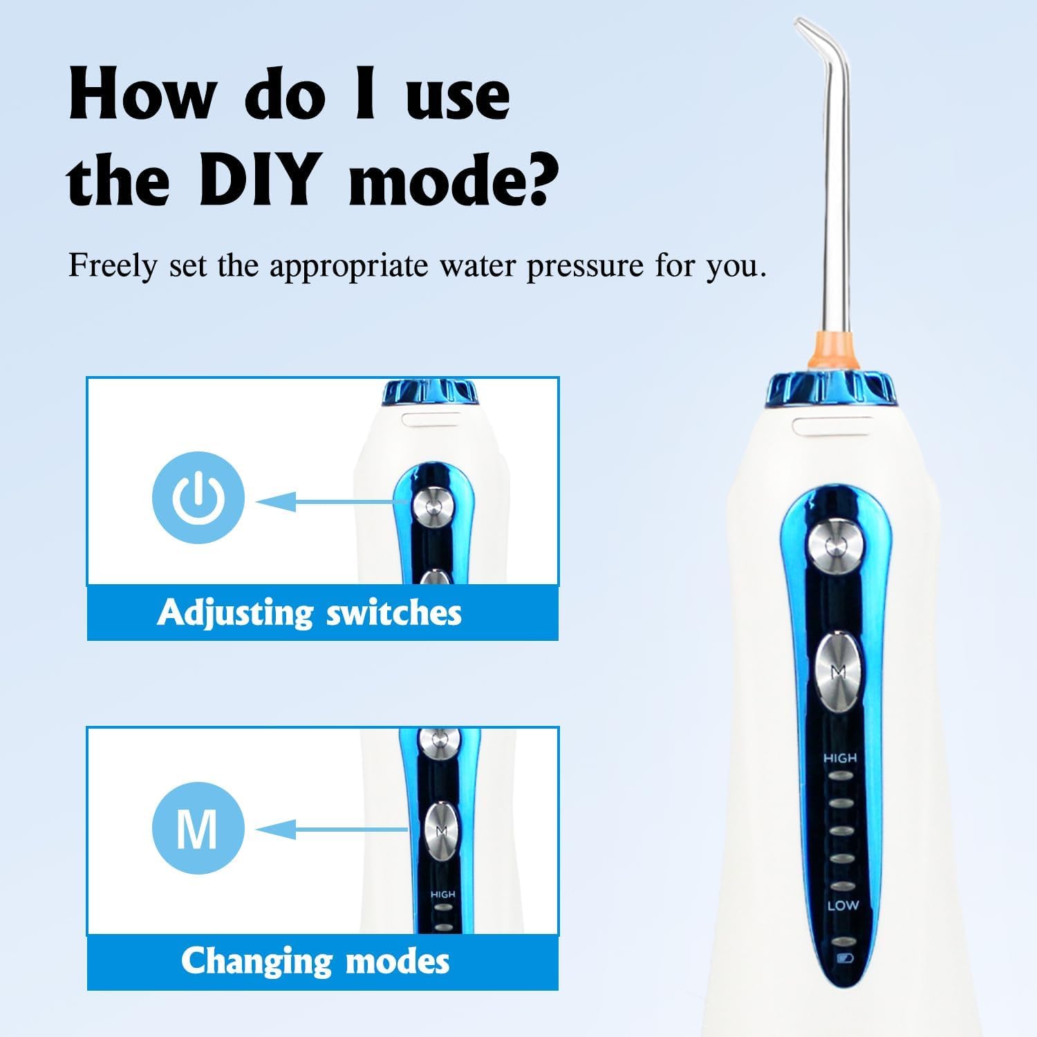 Irrigatore orale senza fili, 300 ml, risciacquo da viaggio, 5 modalità e 5 ugelli, irrigatore orale elettrico, IPX7, impermeabile, ricarica USB (blu/bianco)