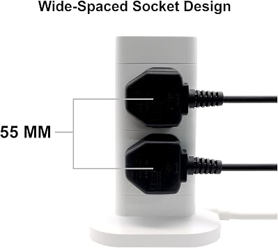 Tower Extension Lead with USB Slots 2M, 8 Way Outlets Multi Plug Extension Tower with 4 USB Slots (2 Type C & 2 USB Ports), Surge Protector Long Extension Lead tower for Home, Office WHITE