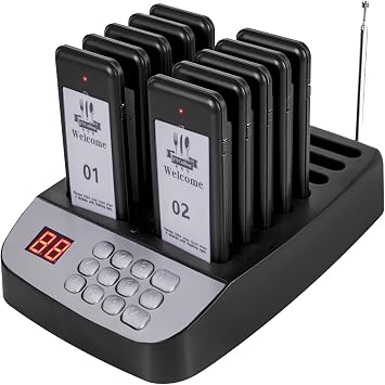 Restaurant Pager, 10 Guest Pager, Buzzer Social Distance, 98 Channels, Vibration, Flashing with Buzzer for Food Truck, Restaurant, Food Coat |     98