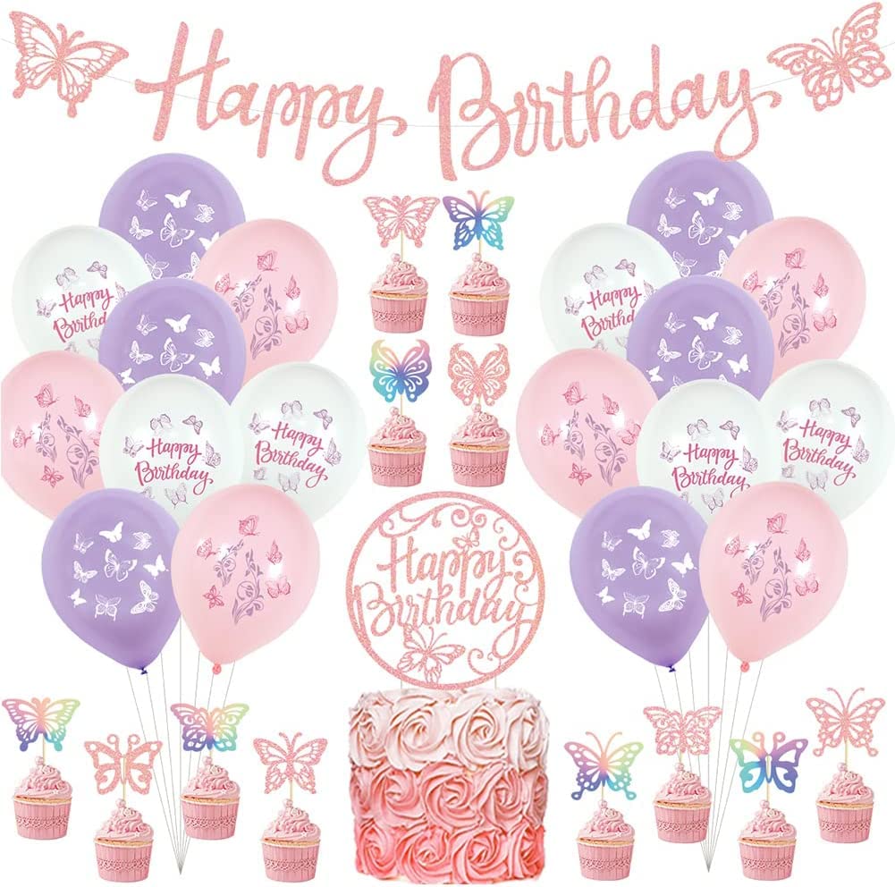 Gaubi Butterfly Birthday Party Decoration Set for Girls, 32 Pieces Butterfly Party Decorations Include Banner Cake Cupcake Topper Balloons, Pink White Purple for Birthday Decorations