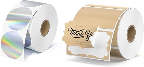 Miniatura 1 de MUNBYN Etiquetas adhesivas térmicas holográficas plateadas de 2.25 x 1.25 pulgadas y 2.5 x 1.5 pulgadas, etiquetas térmicas marrones