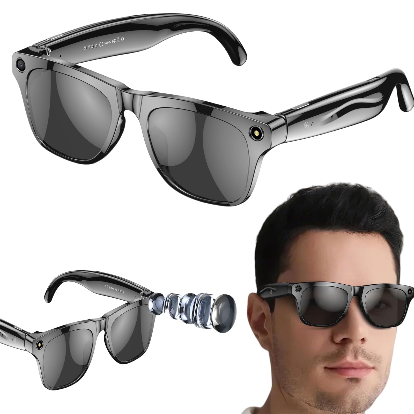 Inteligentne okulary z tłumaczeniem sztucznej inteligencji, obsługuje ponad 110 języków i nagrywania wideo HD, okulary przeciwsłoneczne z funkcją dotykową i głosową, otwarte ucho, czysty