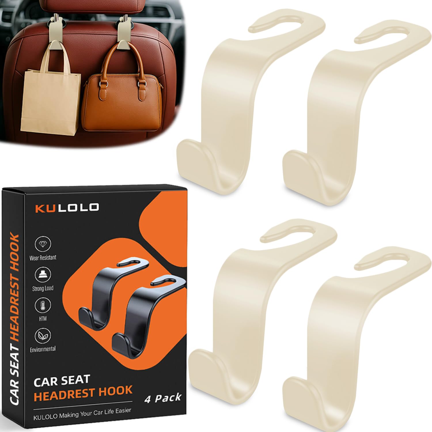 KULOLO Car Seat Hooks & Purse Holder - 4 Pack Boxed,55 lb Heavy Duty,Eco PP Car Hooks for Purse/Bag/Baby Gear/Gym Bag/Groceries/Cup/,Fits 0.32-0.55”