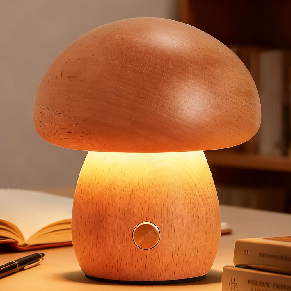 RNPKZ Mushroom Night Light,9cm Cordless Nightstand Light,Wooden Mushroom Lamp,USB Charging,Adjustable Brightness,Small Nightstand Desk Lamp for Bedroom, Desk Bedside Home Decor(Beechwood)