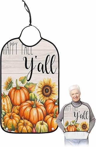 Fall Thanksgiving Pumpkin Adult Bib for Eating with Crumb Catcher,Washable & Waterproof Terry Cloth Adjustable Elderly Women Men Adult Bibs Funny