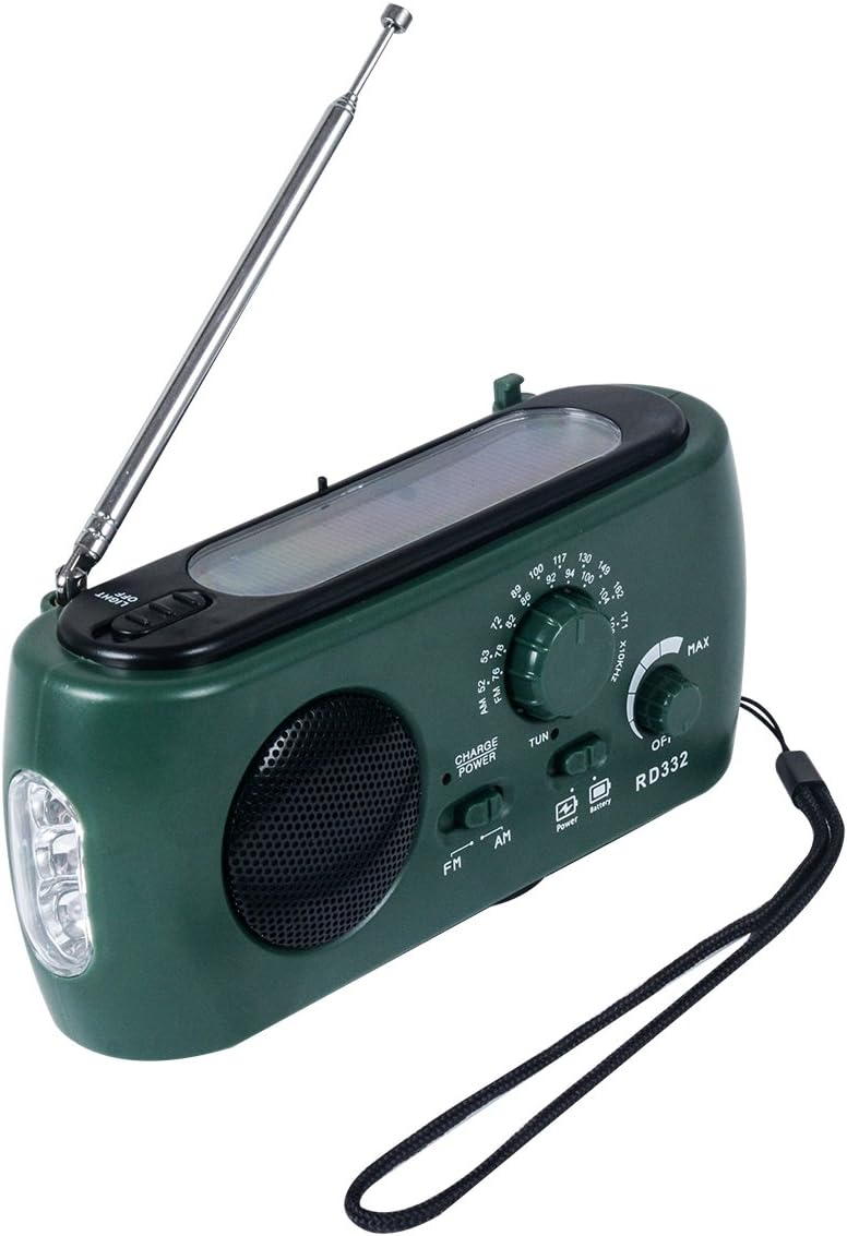 Emergency Radio with Solar and Crank Charger, 3 LED Flashlight Battery and USB Recharging FM/AM Radio 500mAh Power Bank Mobile Phone Charger for Recreational Camping Hiking Survival (Green)