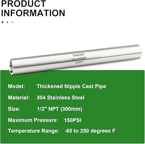 Miniatura 472 de TAISHER 2 accesorios de tubería de acero inoxidable, 1/2 "NPT x 1/2" NPT macho roscado, tubo fundido de pezón de 6 pulgadas de longitud 1.969 in