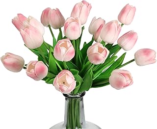 IPOPU 24PCS Real Touch Pink Tulips Artificial Flowers (Baby Pink, 13.4"H x 1.97"D) for Home Decor, Wedding Bouquet, Party & Baby Shower Centerpieces