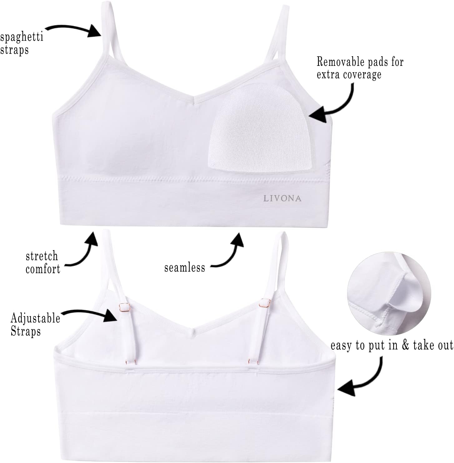 Livona 3 Pack Training Bras for Girls - Sports, Fitness, Padded Everyday Bralette, Crop Cami Tank Top (6-14) - Image 2
