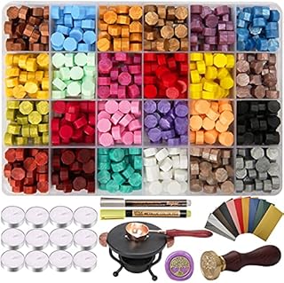 748Pcs Wax Sealing Beads, VONDERSO 24 Colors Wax Sealing Kit for Wax Seal Stamp Kit with A StampLife of Tree) and 12Pcs Tea Light Candles for Envelopes,Parcels,Manuscripts and Cards