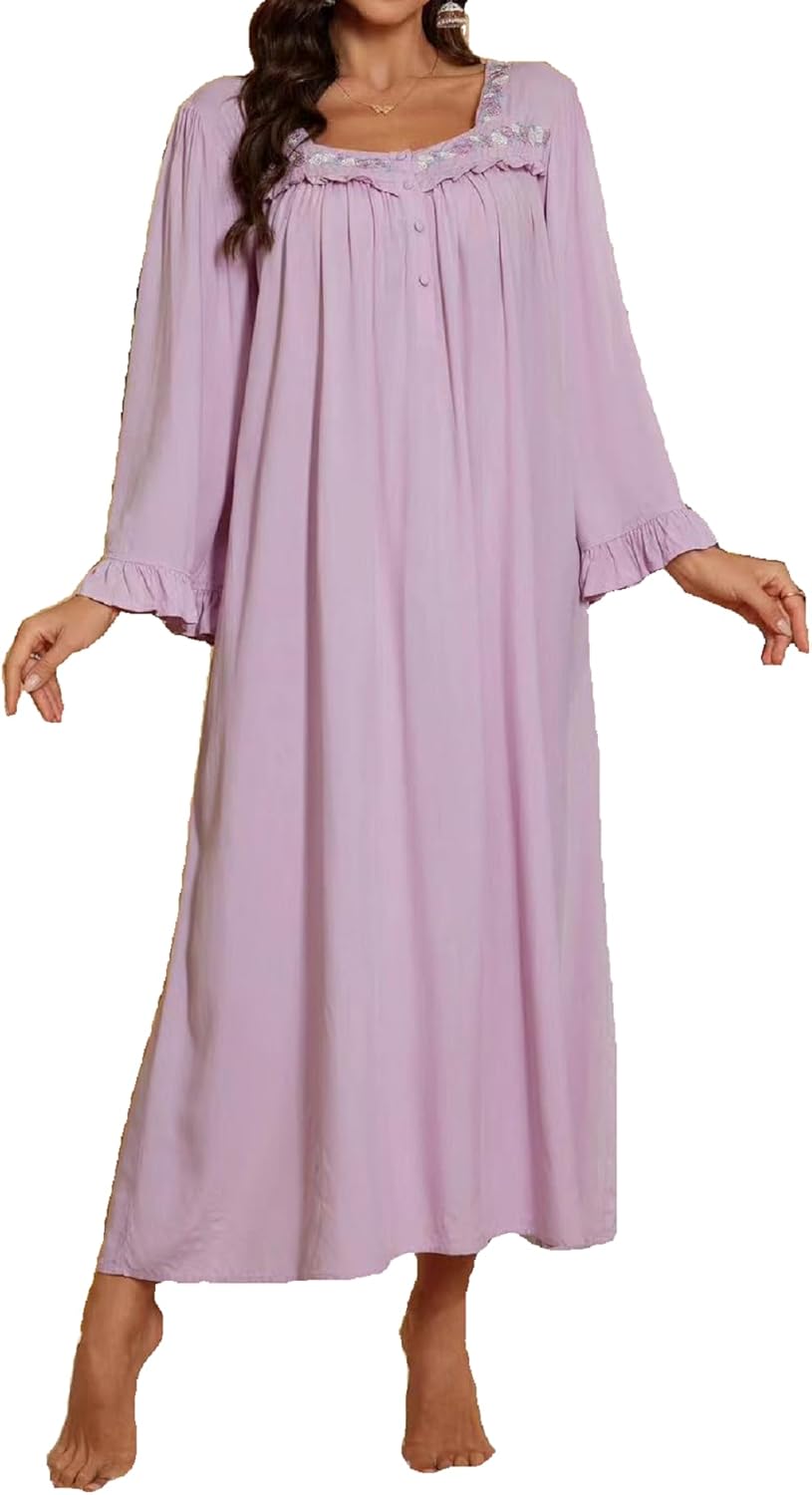 Womens Nightgown Long Sleeve Nightgown for Women Comfortable Lingerie Nightgown Buttonless Sleep Dress for Women