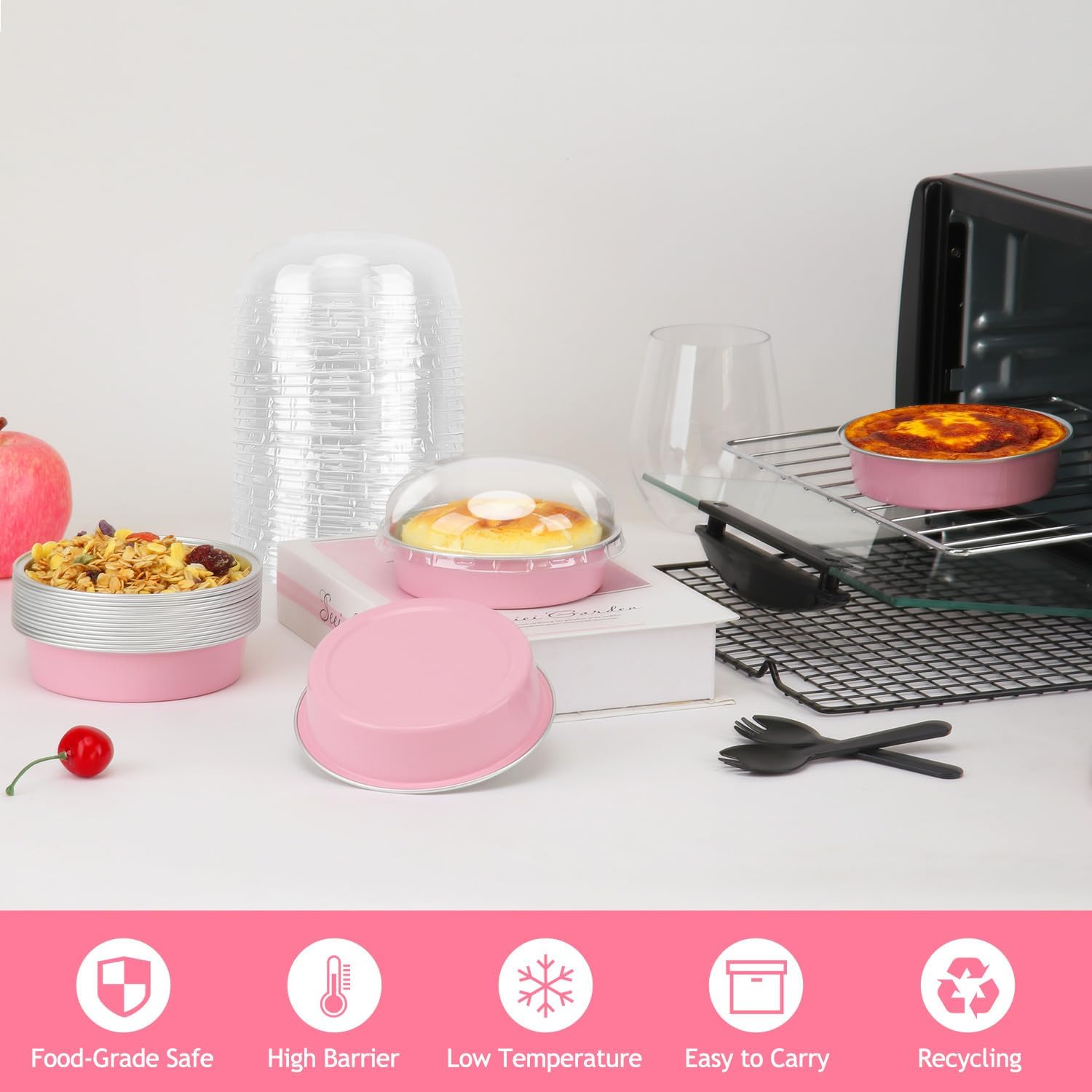 LNYZQUS 4” Mini Cake Tins with Lids 50 Pack, Small Aluminum Foil Pie Pans Disposable Ramekins Mini Tart Creme Brulee Baking Pans Dishes,Individual Muffin Tins Small Cake Contaniers-Pink - Image 2