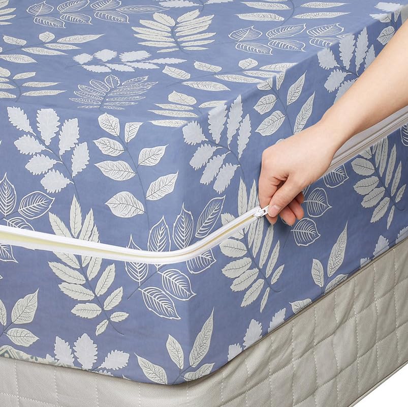 Image of HOMEKART Cotton Floral Printed Single Mattress Protector /Cover with Zipper Chain| All Around Protection with 360 Encasing| Breathable & Dustproof, 72x36x6 Inches -Blue & White