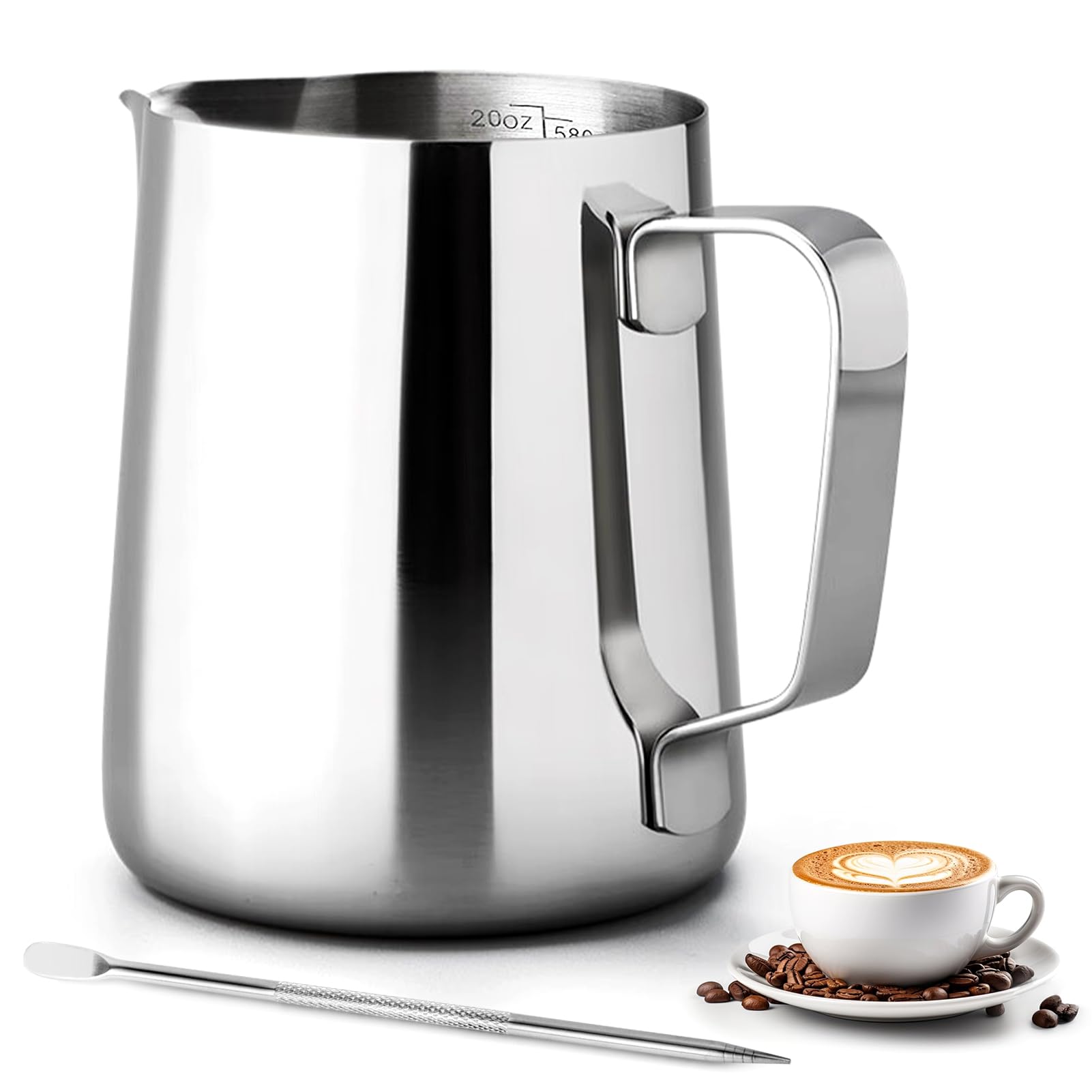 Milk Frothing Pitcher 20oz, Metal Barista Espresso Pitcher for Cappuccino Latte and Espresso, 304 Stainless Steel Coffee Tools Cup 600ml