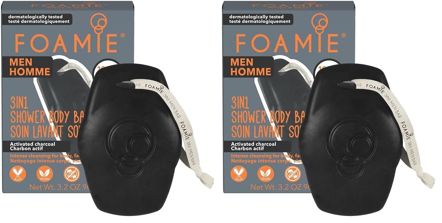 Foamie Men 3in1 Festes Shampoo, Duschgel & Gesichtsreiniger mit Aktivkohle – Für Männer – Tiefenreinigung & Pflege in einem – Holzig-frischer Duft, vegan, plastikfrei & pH-hautneutral, 90 g