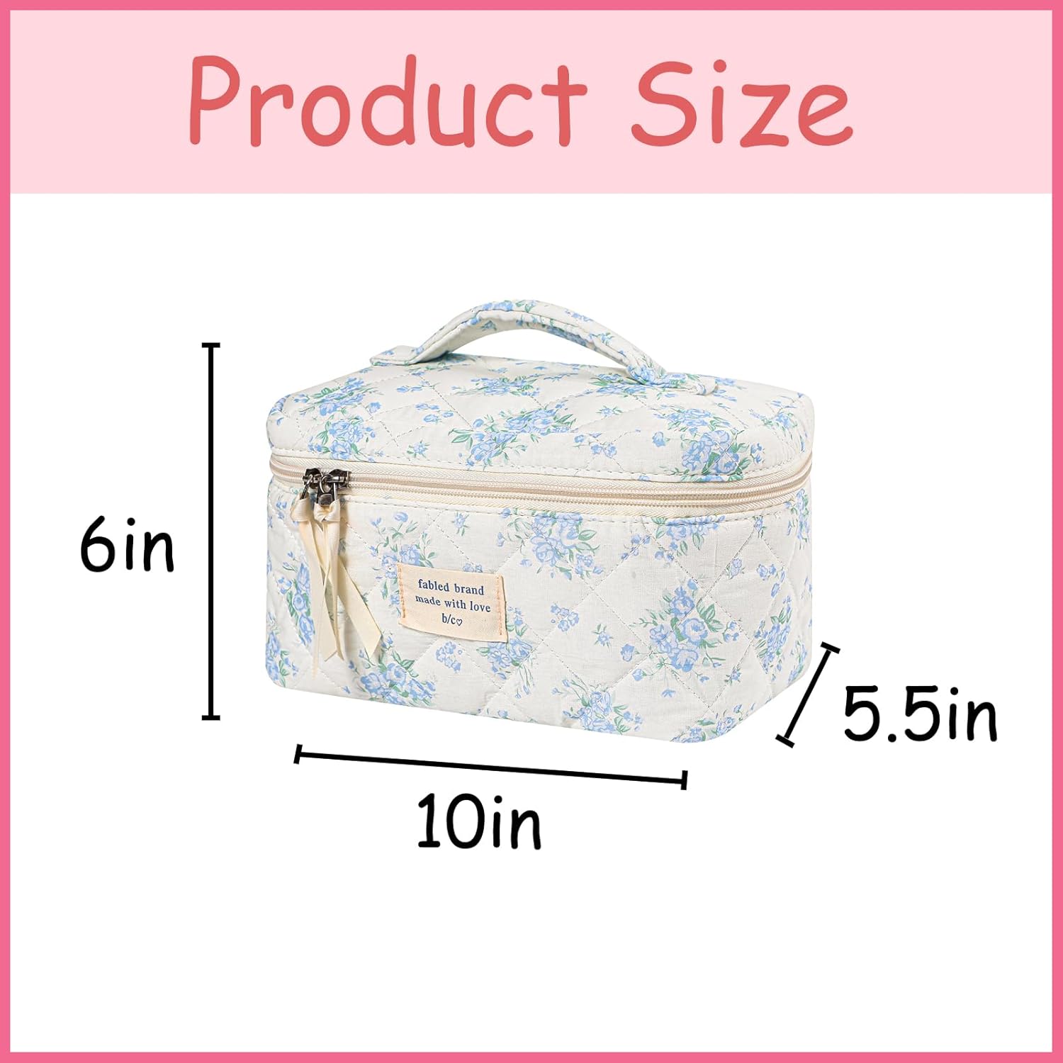 uekeboag Large Travel Quilted Makeup Bag for Women, Floral Cotton Cosmetic Bag, Coquette Aesthetic Floral Toiletry Organizer Bag - Image 2