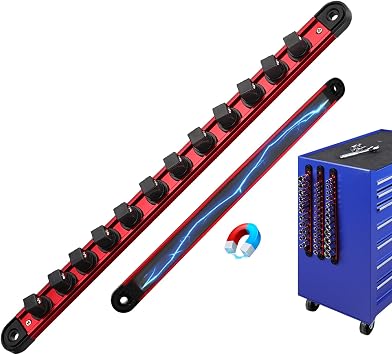 1/2-Inch Magnetic Socket Organizer Rail, Aluminum Alloy Socket Rail, Heavy Duty Sockets Holder with 12 Clips, 360 Swivel Clip Tool Tray, Sockets Organizer for Tool Box Drawer Red